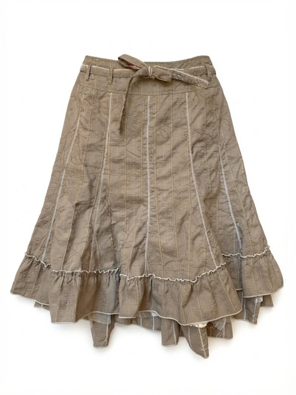MARIE CLAIRE -  Khaki Floral Textured Paneled Midi Skirt with Belt – Size 13